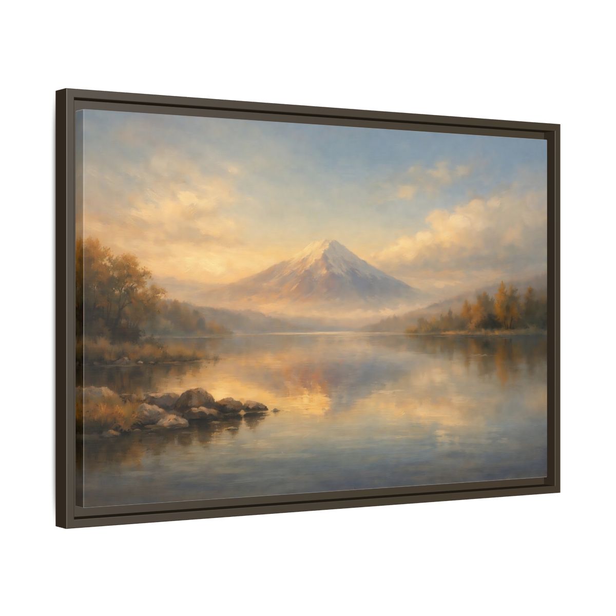 Side Mockup 11. Nature Mountain Lake Warm Mountain Lake shown as stretched canvas wall art