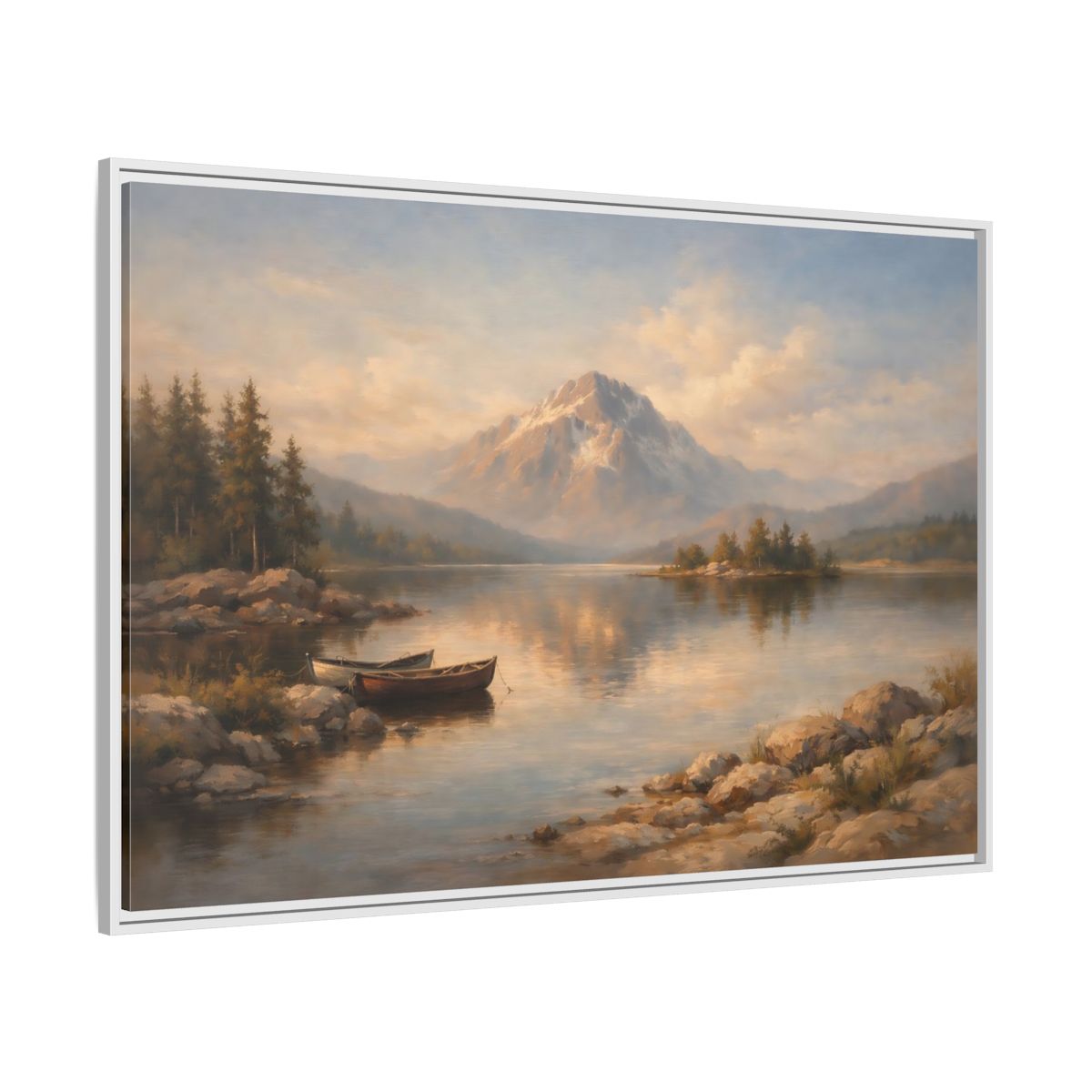 Side Mockup 7. Nature Mountain Lake Warm Mountain Lake shown as stretched canvas wall art