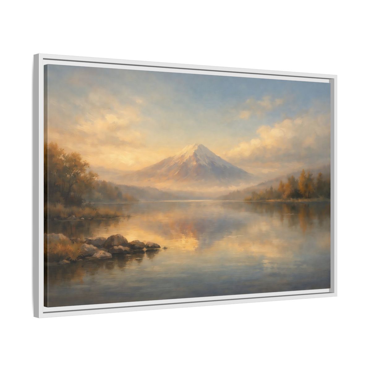 Side Mockup 8. Nature Mountain Lake Warm Mountain Lake shown as stretched canvas wall art