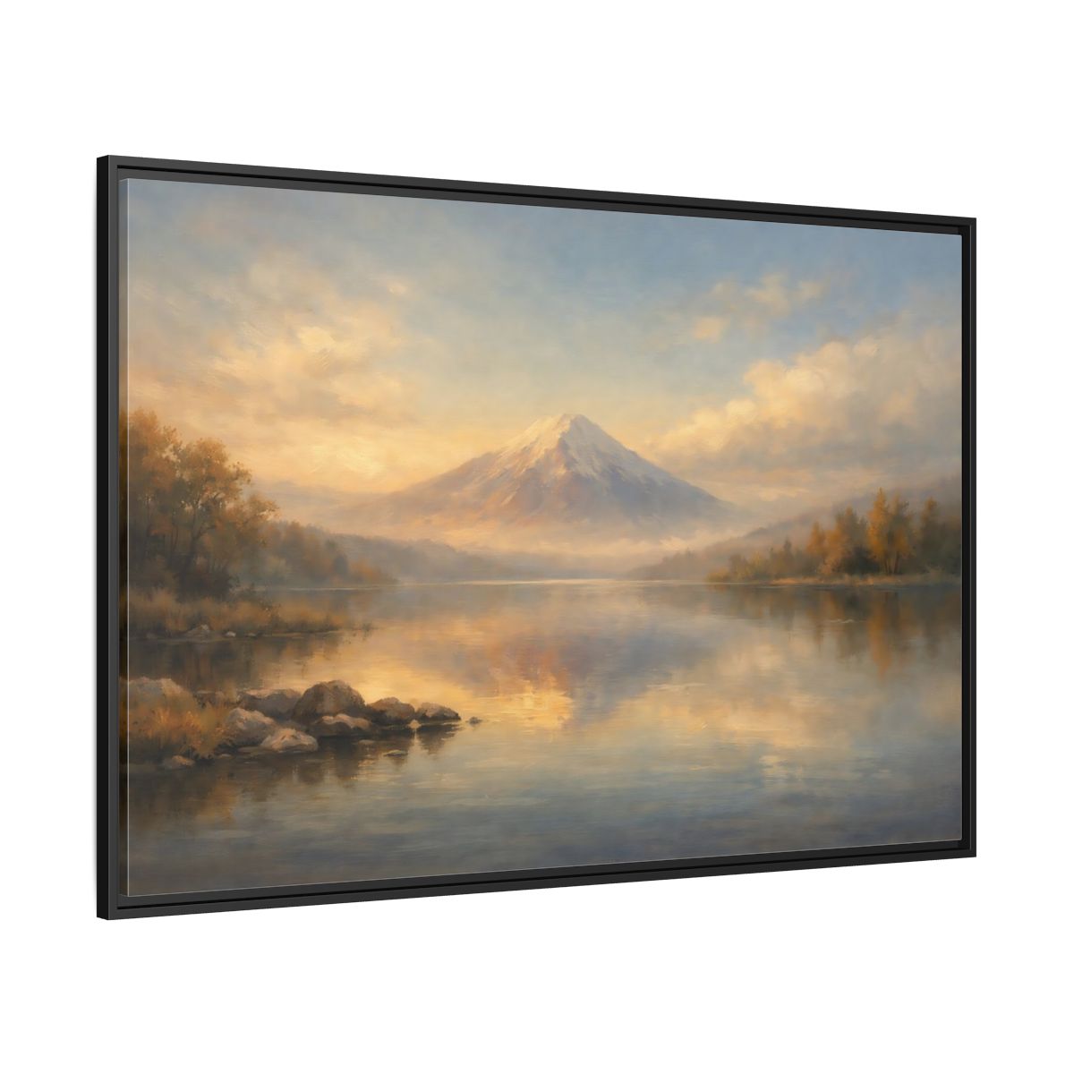 Side Mockup 12. Nature Mountain Lake Warm Mountain Lake shown as stretched canvas wall art