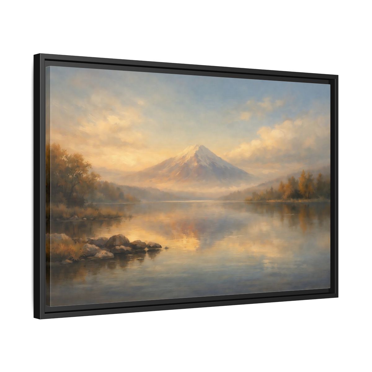 Side Mockup 14. Nature Mountain Lake Warm Mountain Lake shown as stretched canvas wall art