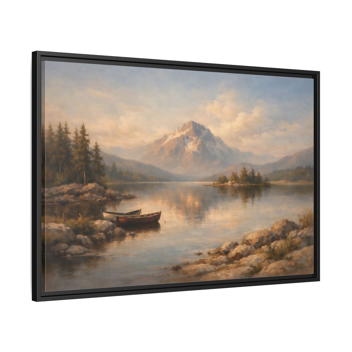 Side Mockup 13. Nature Mountain Lake Warm Mountain Lake shown as stretched canvas wall art