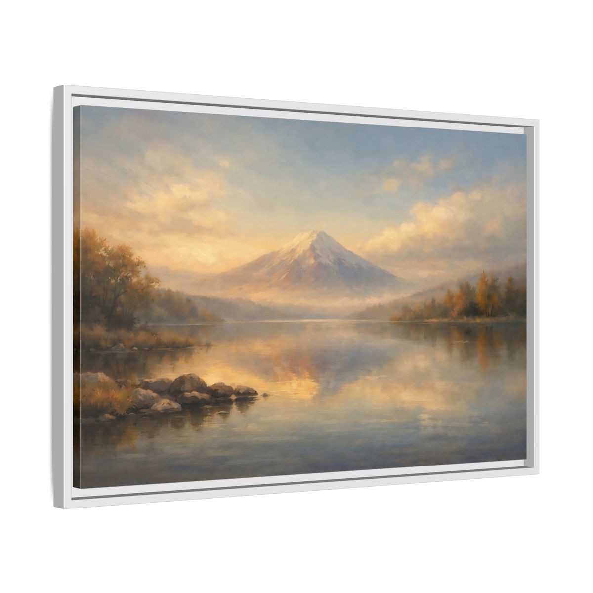 Side Mockup 10. Nature Mountain Lake Warm Mountain Lake shown as stretched canvas wall art
