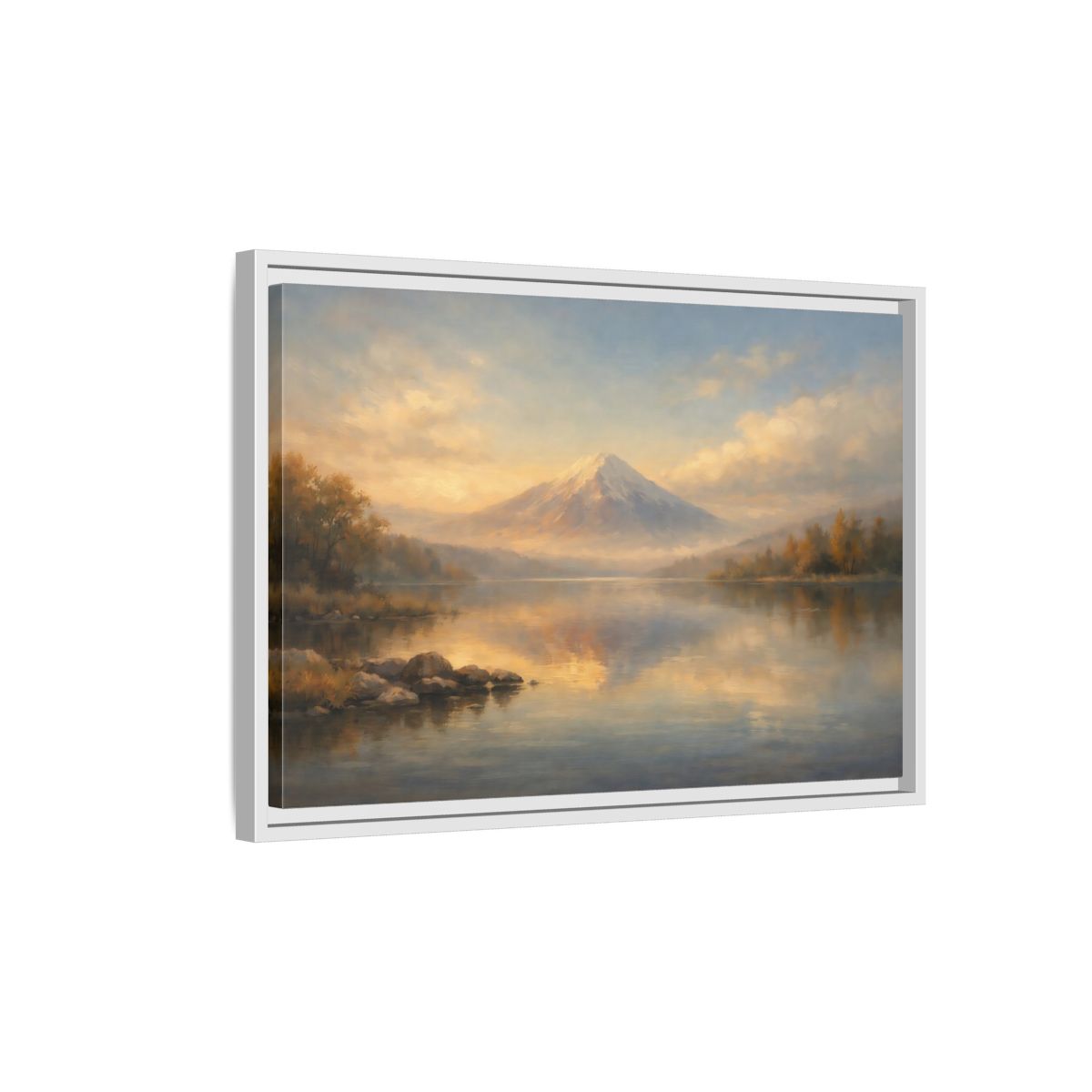 Side Mockup 1. Nature Mountain Lake Warm Mountain Lake shown as stretched canvas wall art
