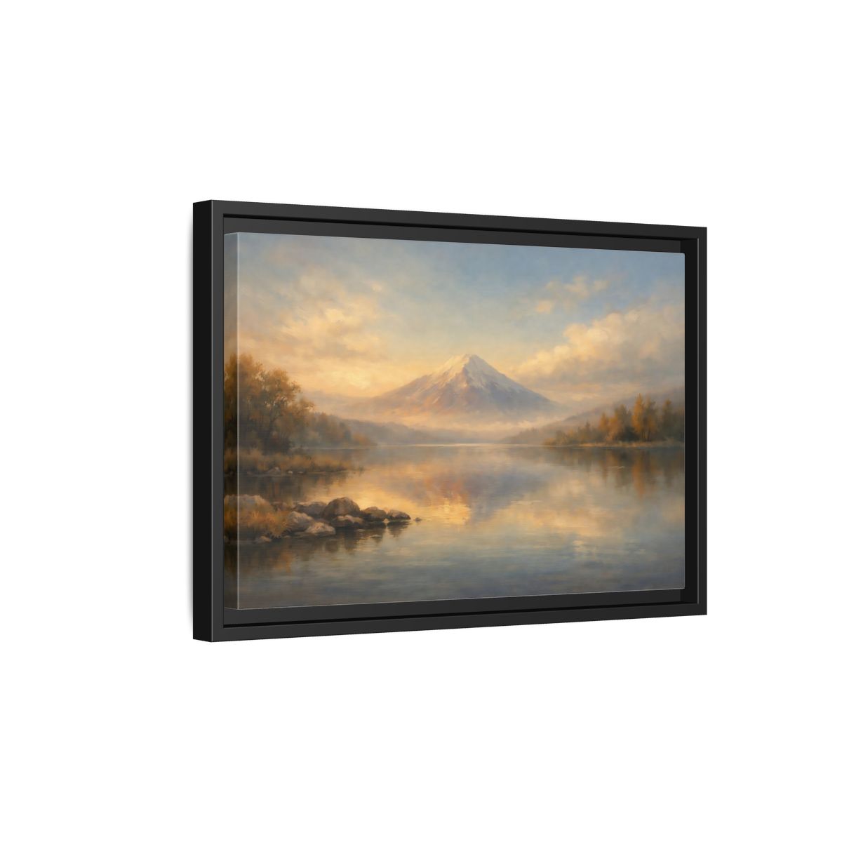 Side Mockup 6. Nature Mountain Lake Warm Mountain Lake shown as stretched canvas wall art