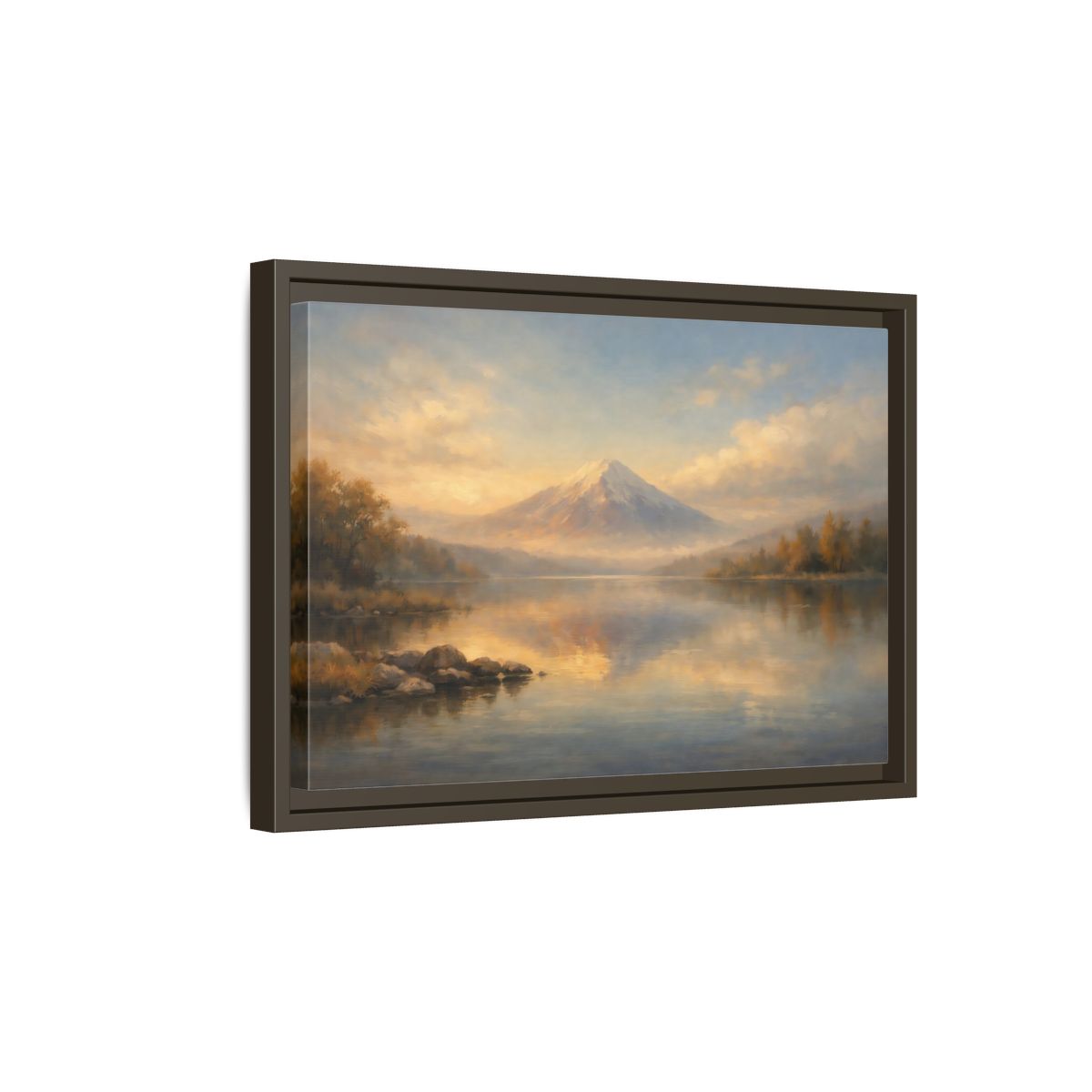 Side Mockup 5. Nature Mountain Lake Warm Mountain Lake shown as stretched canvas wall art