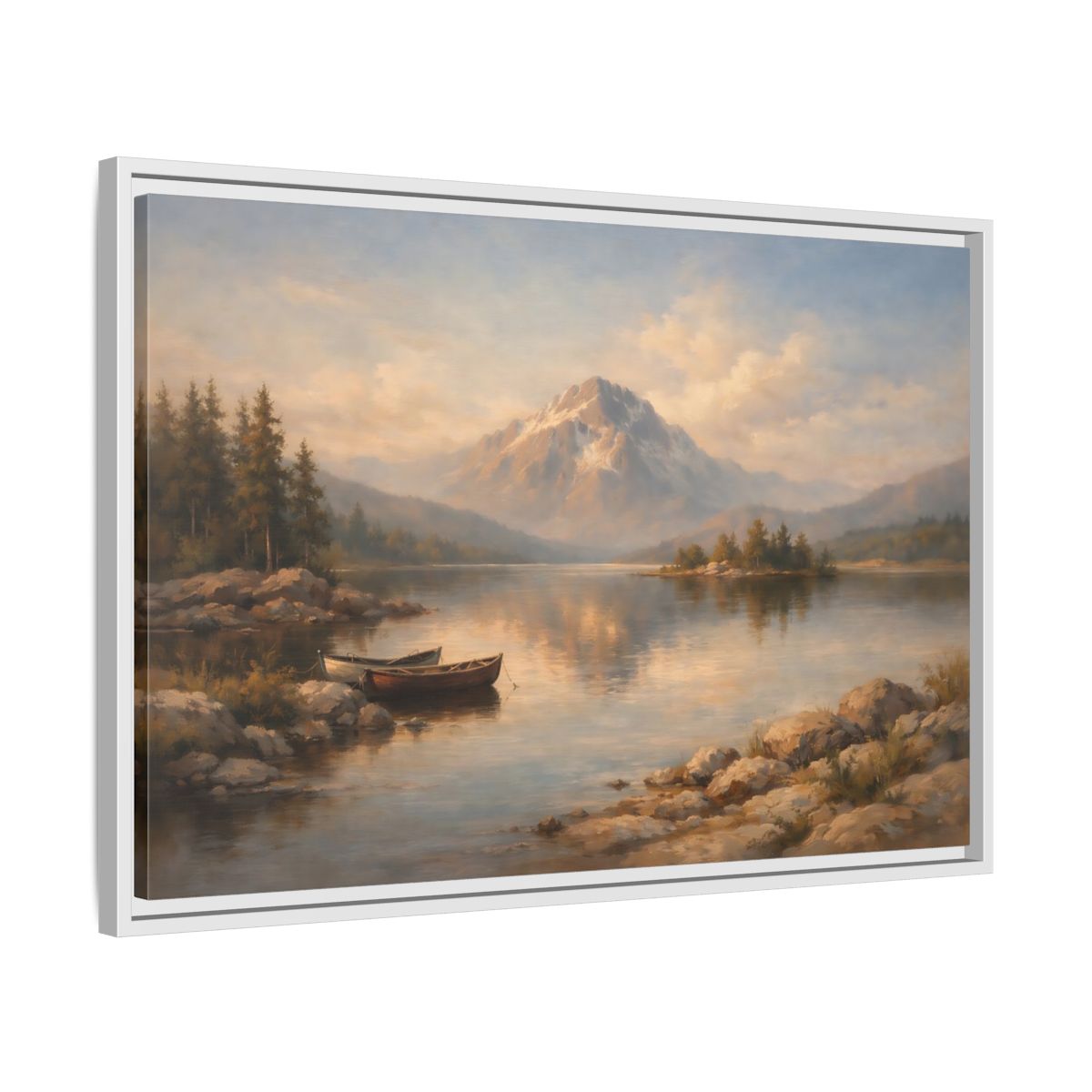 Side Mockup 10. Nature Mountain Lake Warm Mountain Lake shown as stretched canvas wall art