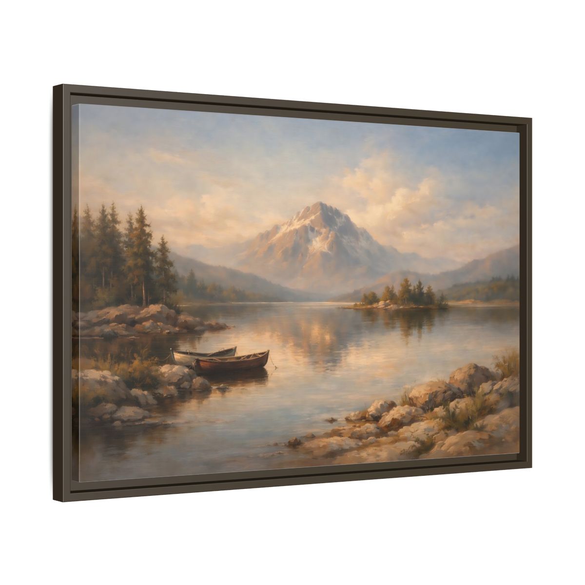 Side Mockup 11. Nature Mountain Lake Warm Mountain Lake shown as stretched canvas wall art