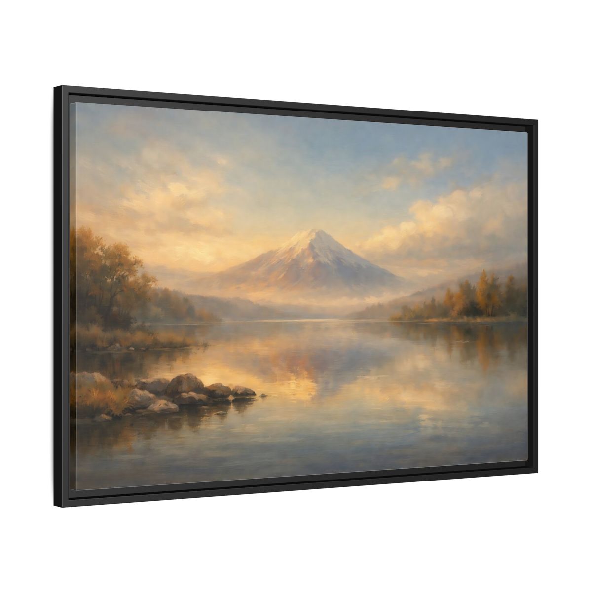 Side Mockup 13. Nature Mountain Lake Warm Mountain Lake shown as stretched canvas wall art