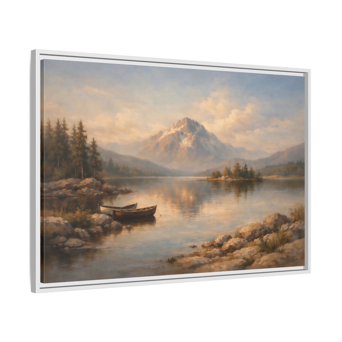 Side Mockup 8. Nature Mountain Lake Warm Mountain Lake shown as stretched canvas wall art