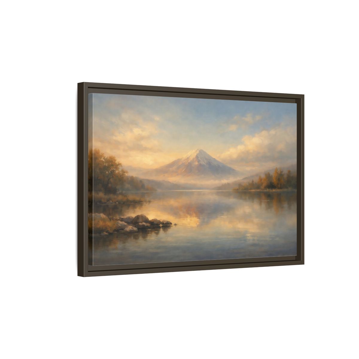 Side Mockup 2. Nature Mountain Lake Warm Mountain Lake shown as stretched canvas wall art