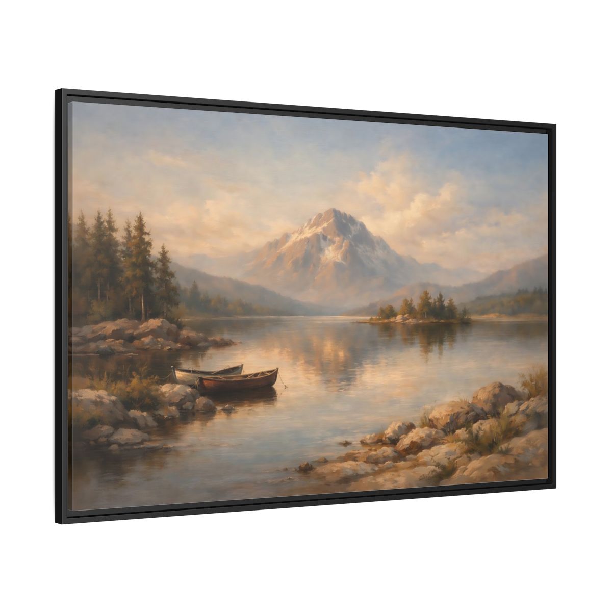 Side Mockup 12. Nature Mountain Lake Warm Mountain Lake shown as stretched canvas wall art