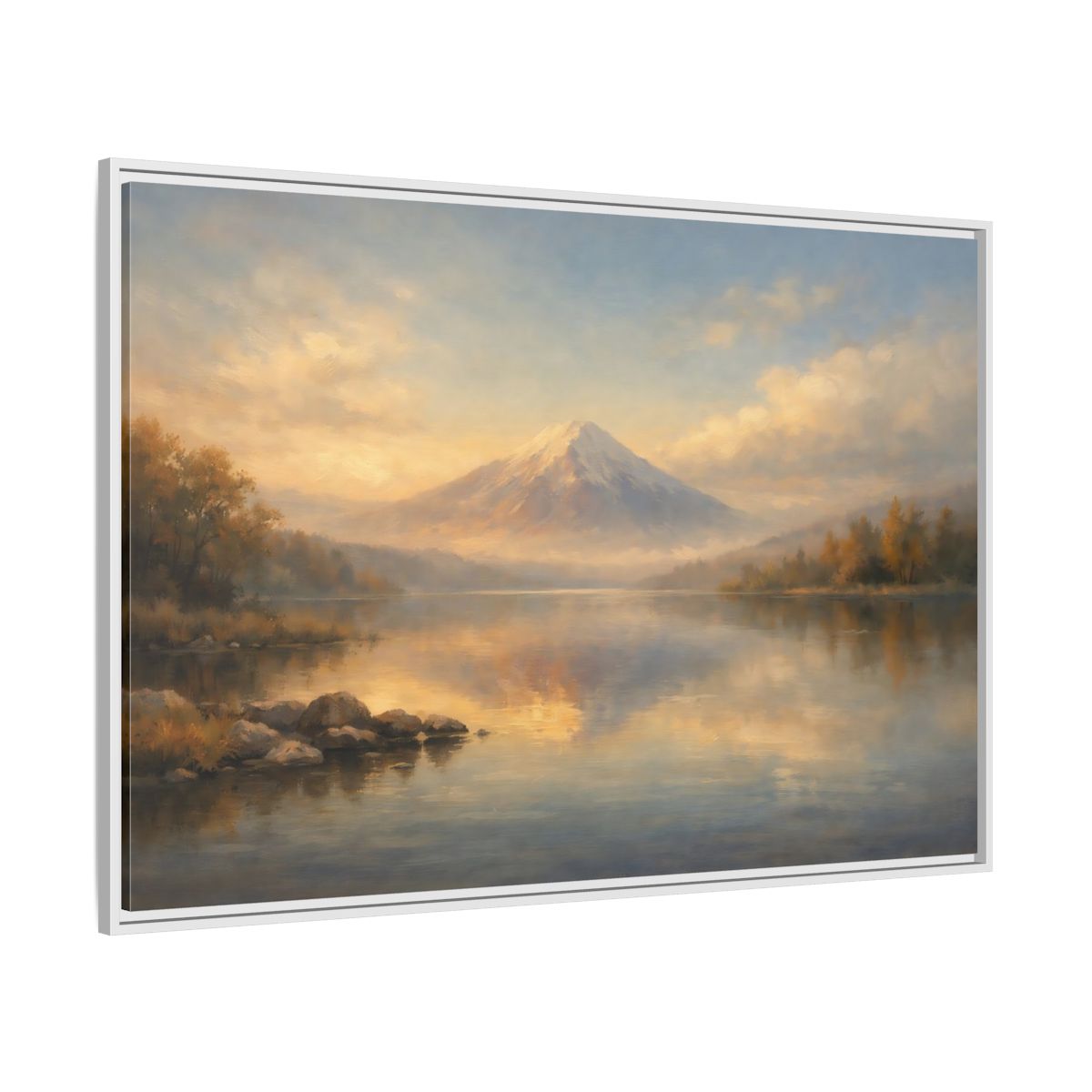 Side Mockup 7. Nature Mountain Lake Warm Mountain Lake shown as stretched canvas wall art