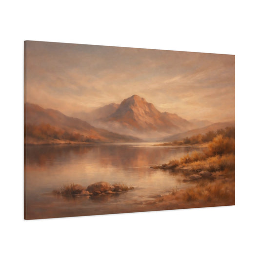 Main Mockup. Nature Mountain Lake Warm Mountain Lake shown as stretched canvas wall art