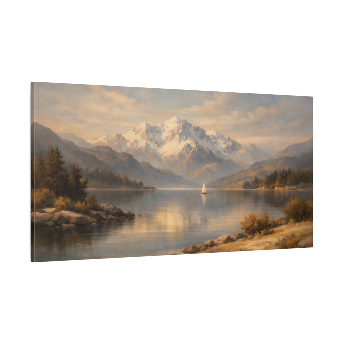 Main Mockup. Nature Mountain Lake Warm Mountain Lake shown as stretched canvas wall art
