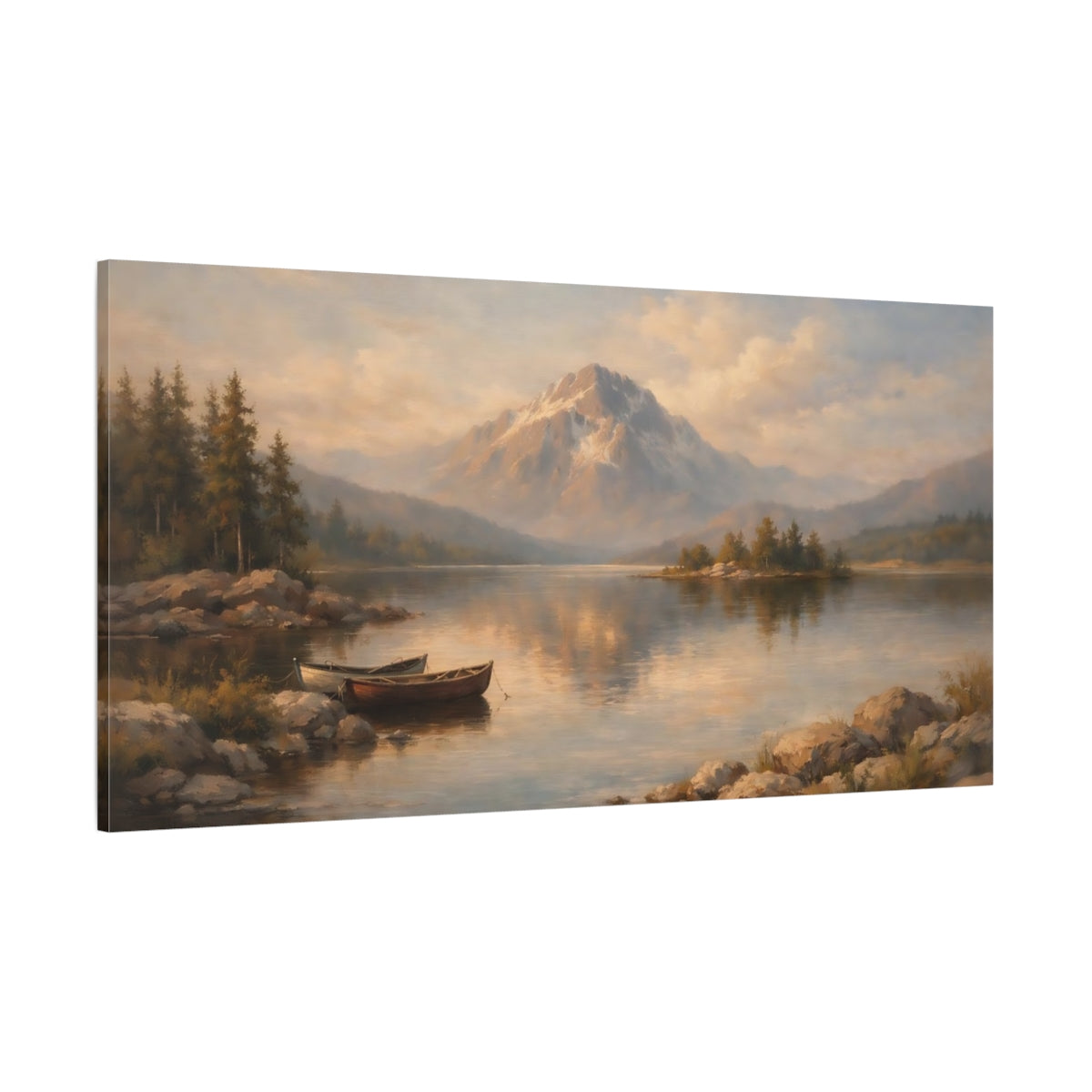 Main Mockup. Nature Mountain Lake Warm Mountain Lake shown as stretched canvas wall art
