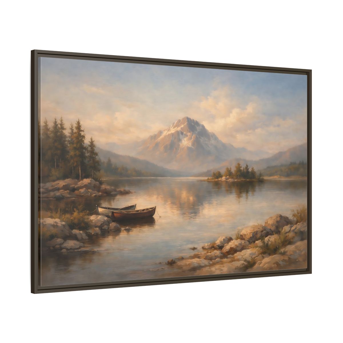 Main Mockup. Nature Mountain Lake Warm Mountain Lake shown as stretched canvas wall art