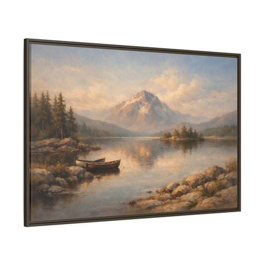 Main Mockup. Nature Mountain Lake Warm Mountain Lake shown as stretched canvas wall art