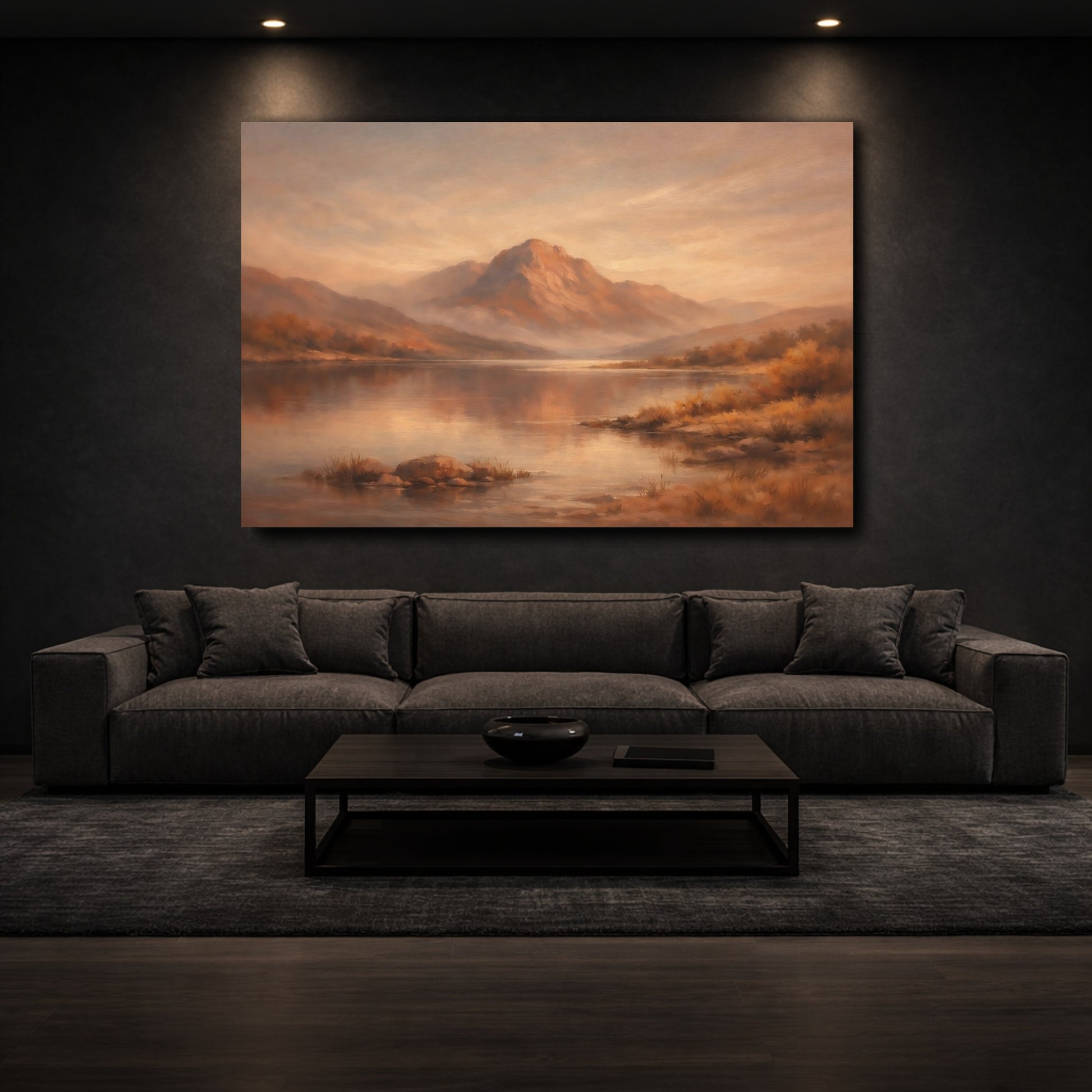 Mockup 2. Nature Mountain Lake Warm Mountain Lake shown as stretched canvas wall art