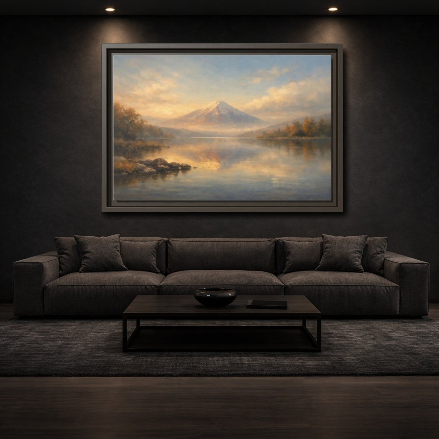 Mockup 2. Nature Mountain Lake Warm Mountain Lake shown as stretched canvas wall art