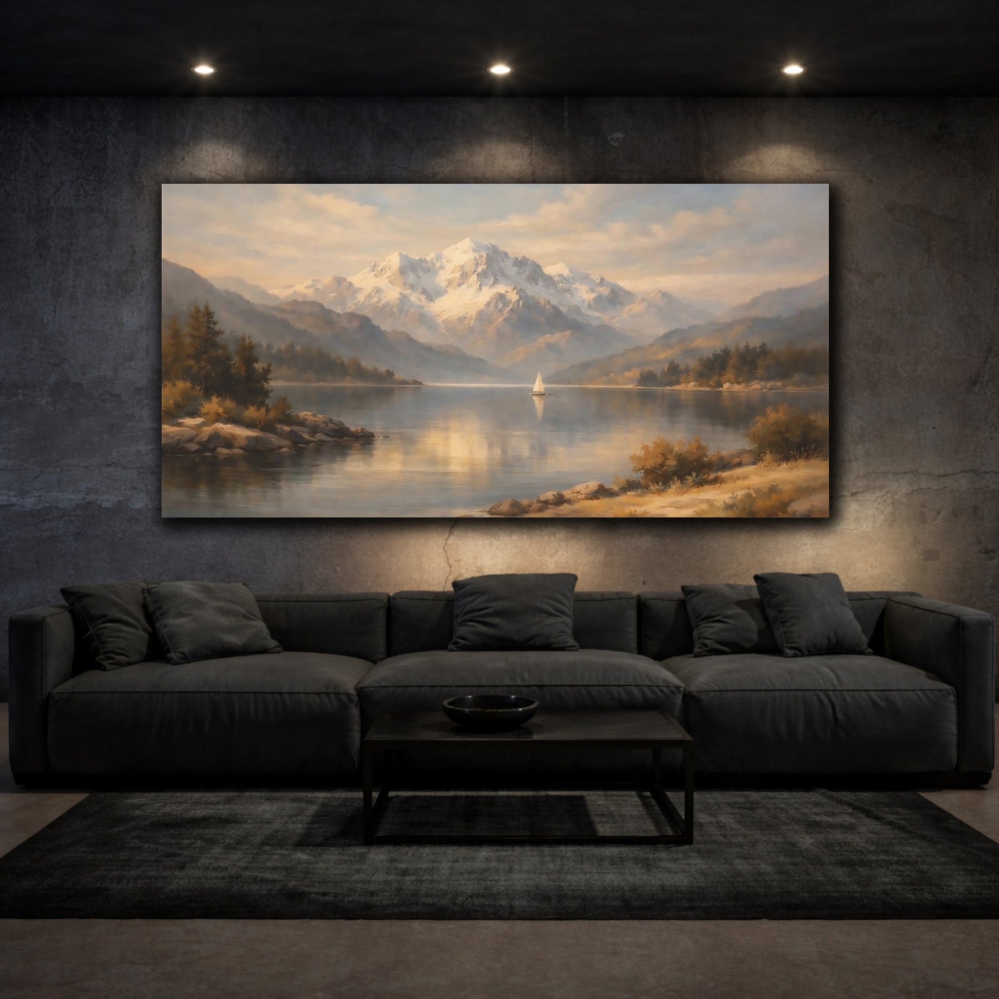 Mockup 2. Nature Mountain Lake Warm Mountain Lake shown as stretched canvas wall art