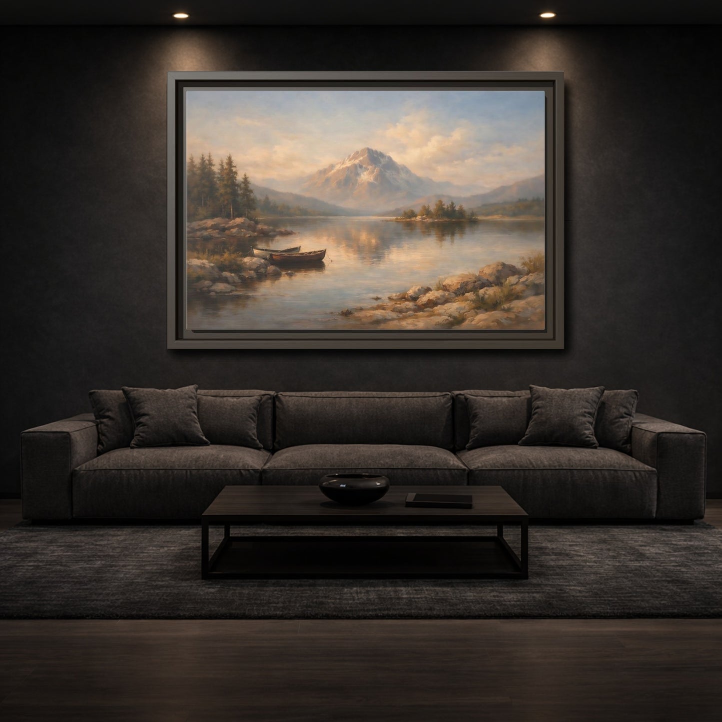 Mockup 2. Nature Mountain Lake Warm Mountain Lake shown as stretched canvas wall art
