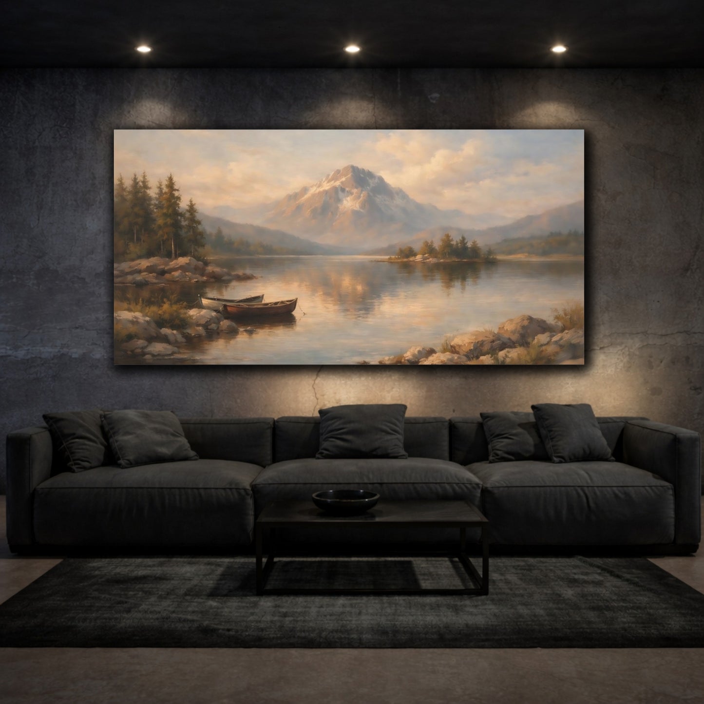 Mockup 2. Nature Mountain Lake Warm Mountain Lake shown as stretched canvas wall art