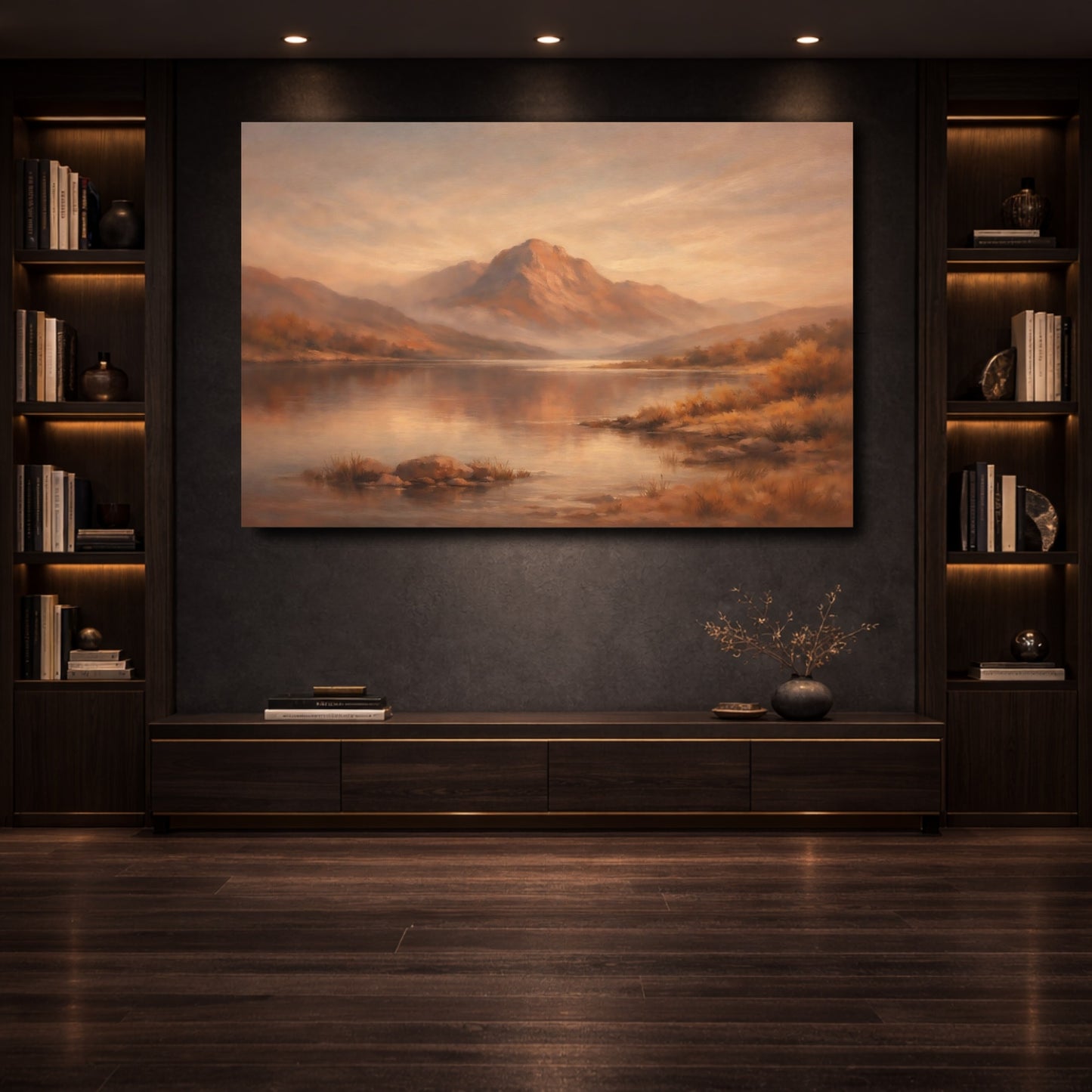 Mockup 3. Nature Mountain Lake Warm Mountain Lake shown as stretched canvas wall art