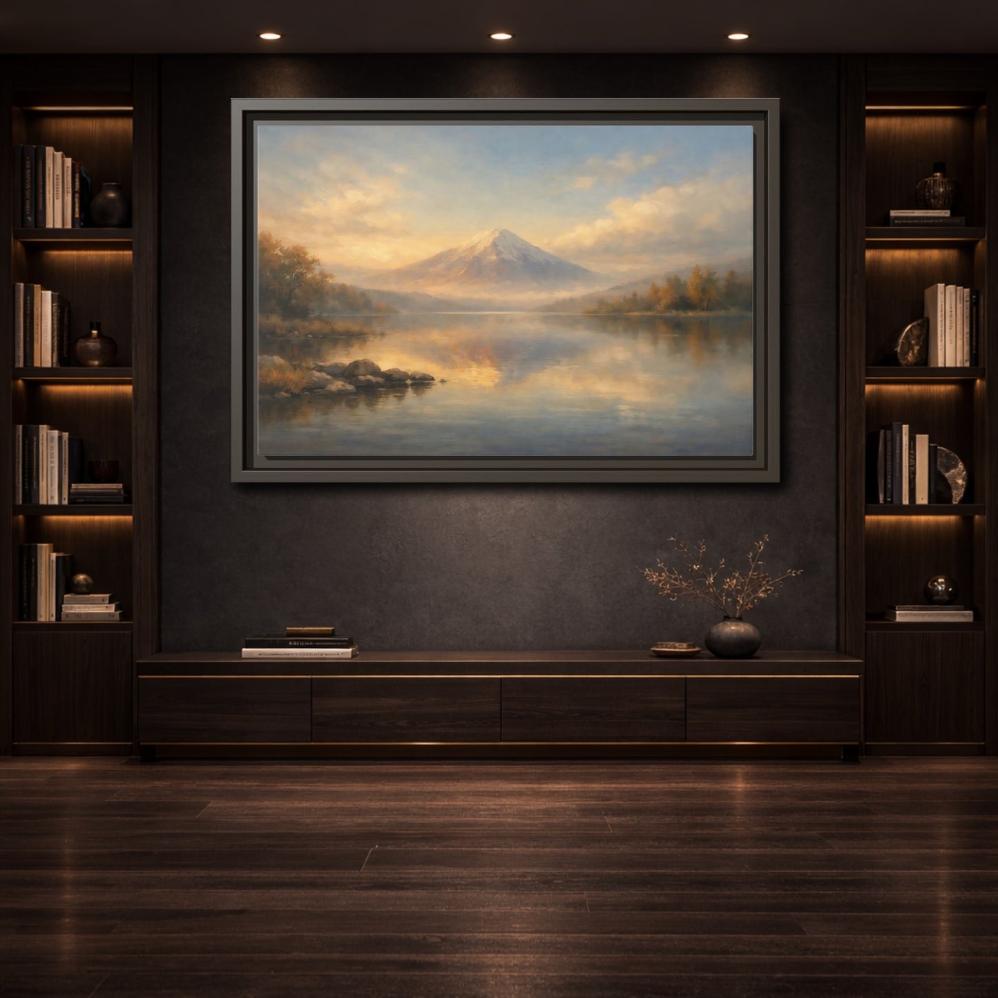Mockup 3. Nature Mountain Lake Warm Mountain Lake shown as stretched canvas wall art