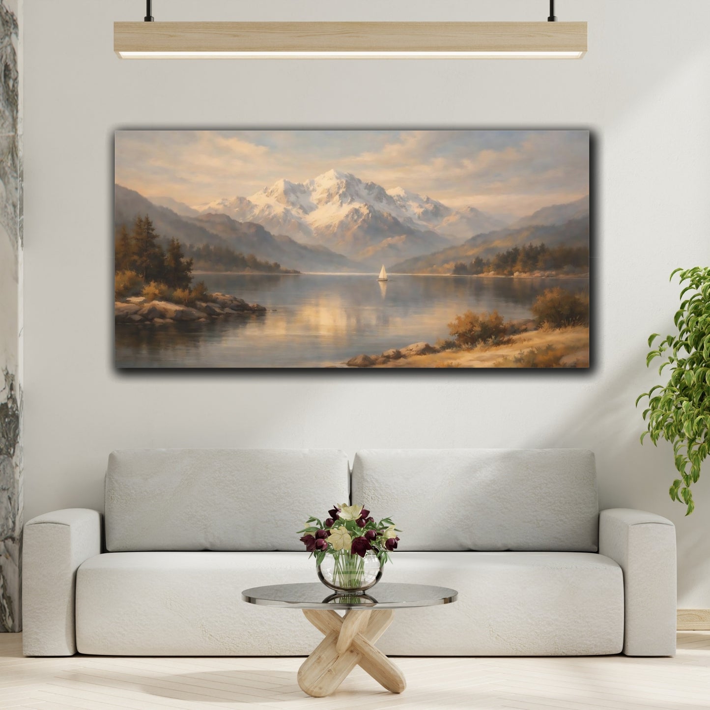 Mockup 3. Nature Mountain Lake Warm Mountain Lake shown as stretched canvas wall art