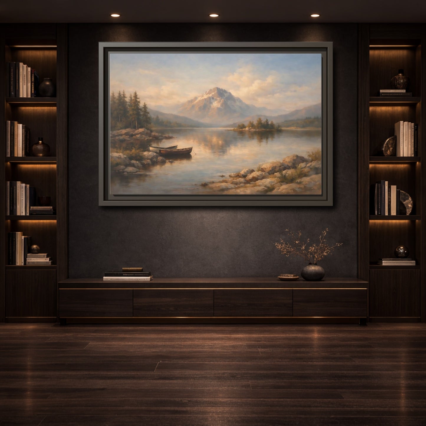 Mockup 3. Nature Mountain Lake Warm Mountain Lake shown as stretched canvas wall art