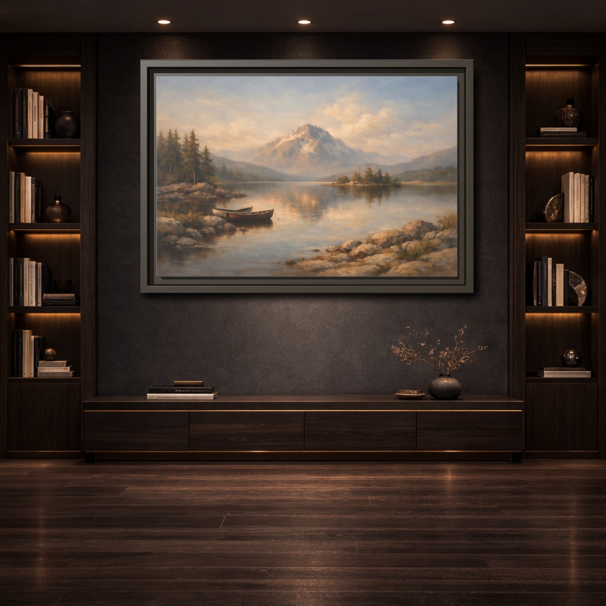 Mockup 3. Nature Mountain Lake Warm Mountain Lake shown as stretched canvas wall art
