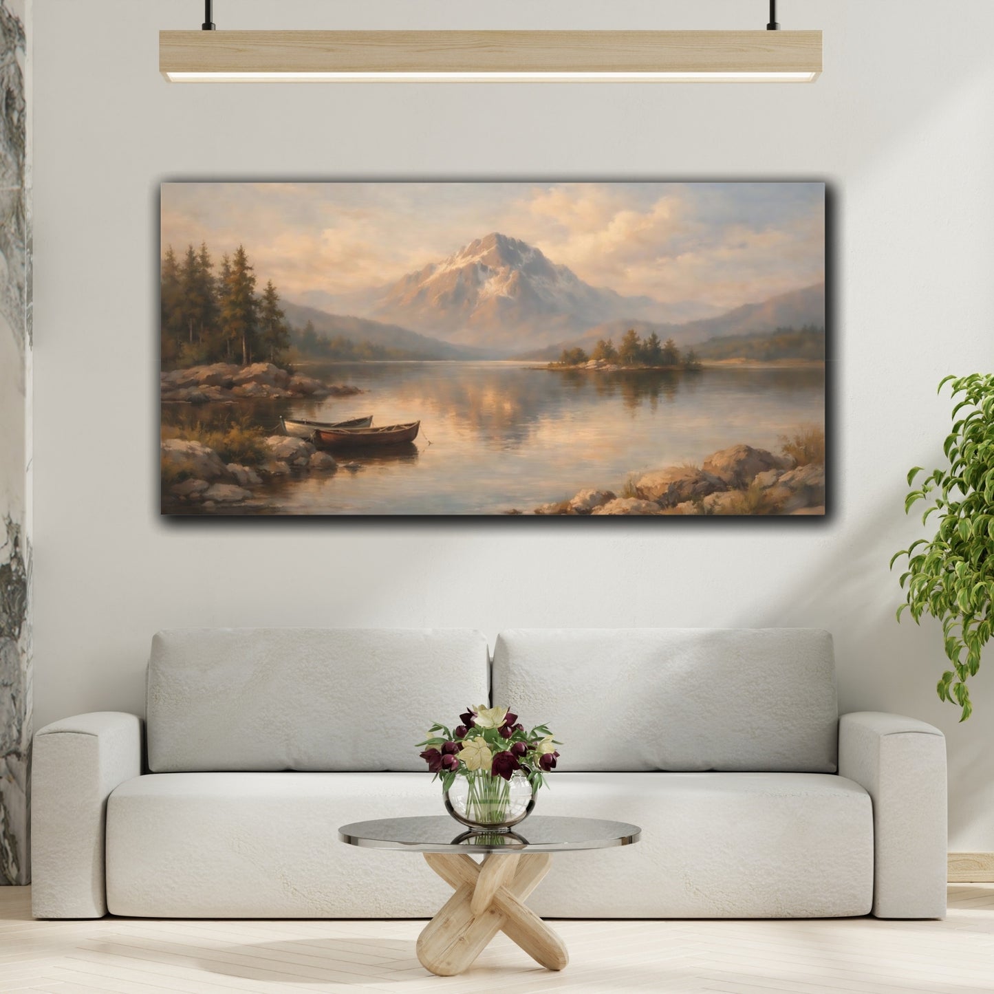 Mockup 3. Nature Mountain Lake Warm Mountain Lake shown as stretched canvas wall art