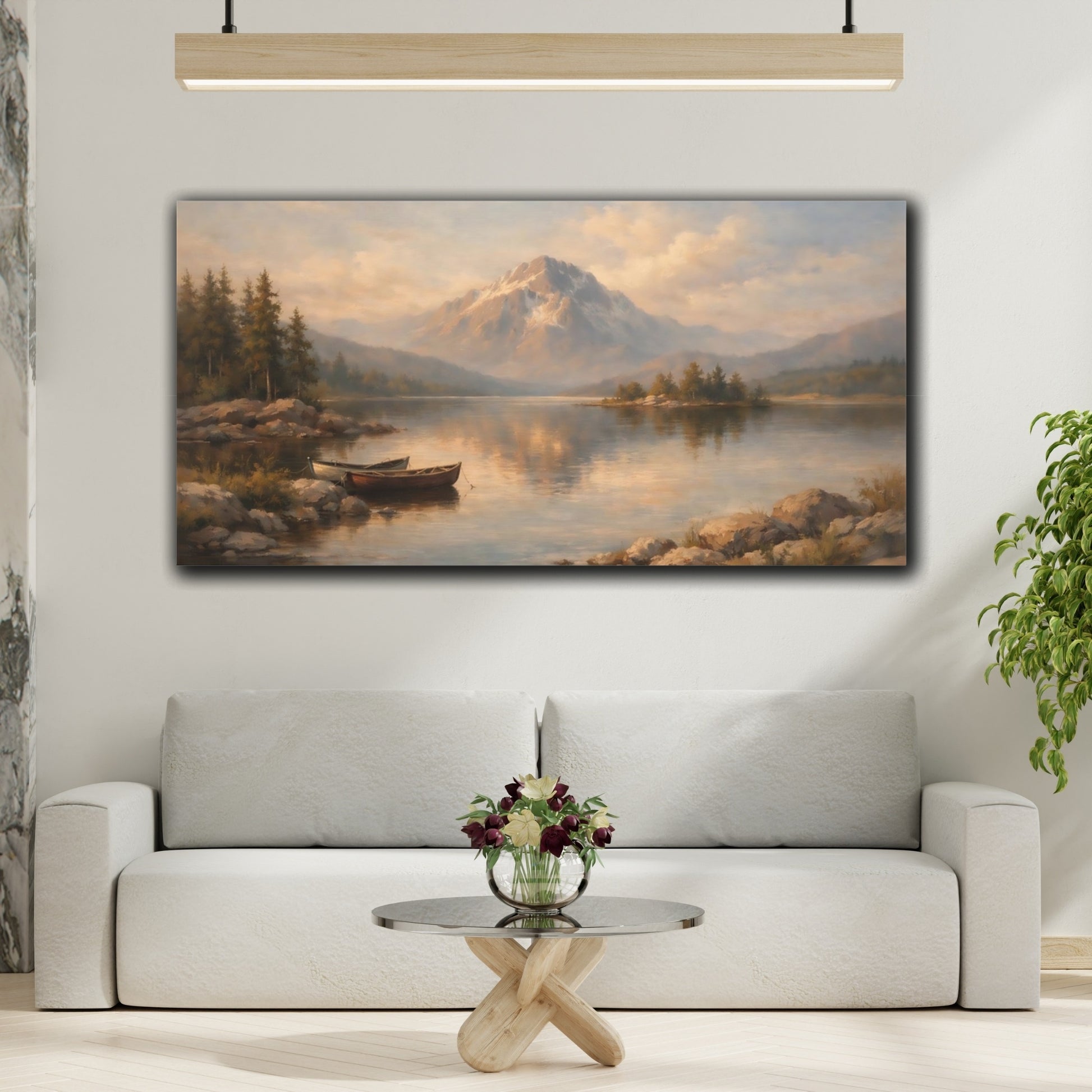Mockup 3. Nature Mountain Lake Warm Mountain Lake shown as stretched canvas wall art