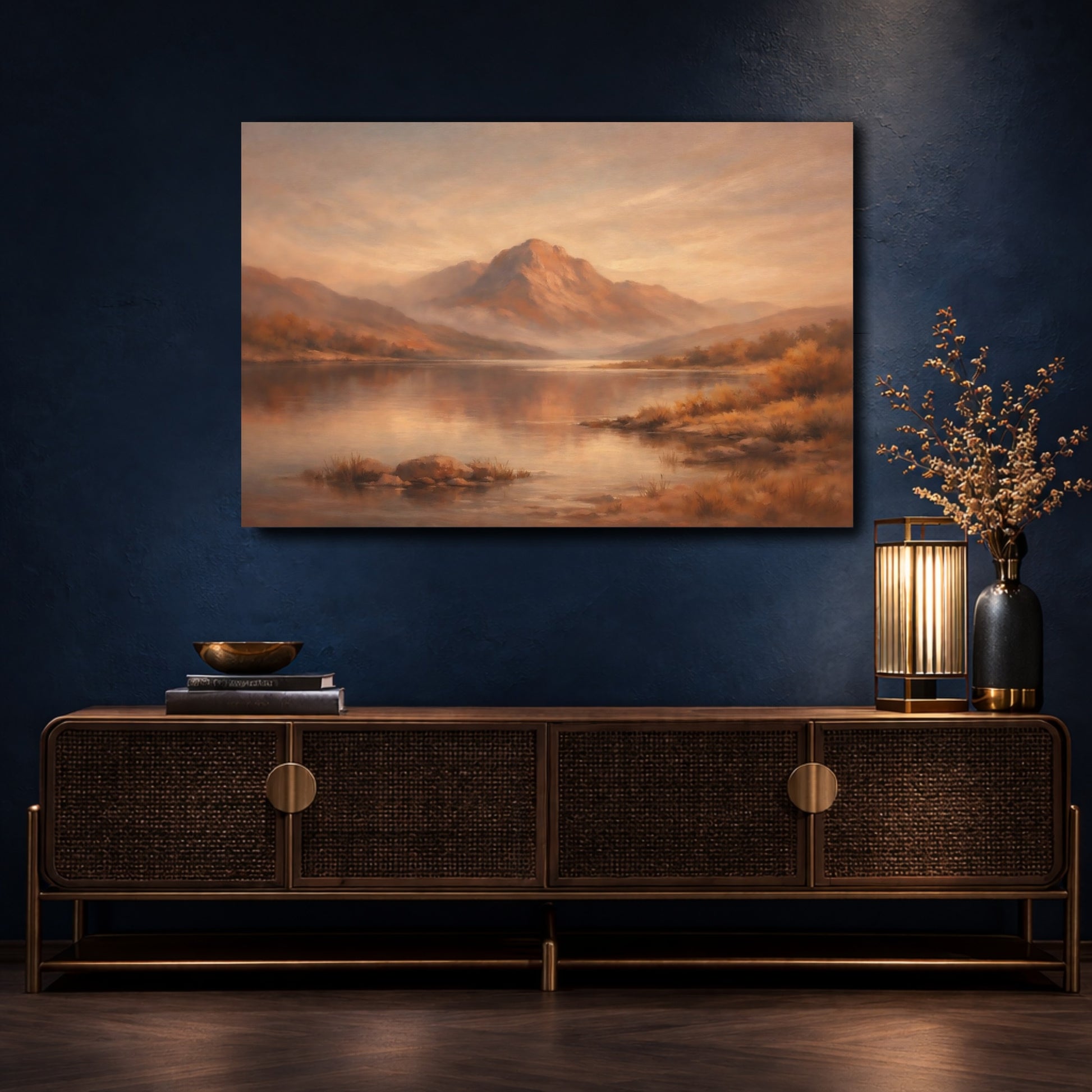 Mockup 4. Nature Mountain Lake Warm Mountain Lake shown as stretched canvas wall art