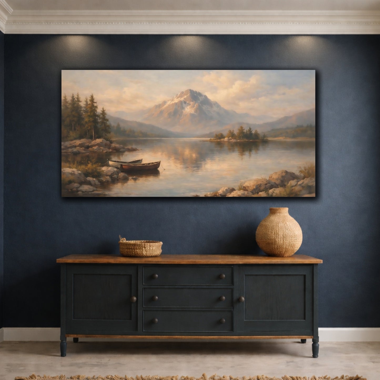 Mockup 4. Nature Mountain Lake Warm Mountain Lake shown as stretched canvas wall art
