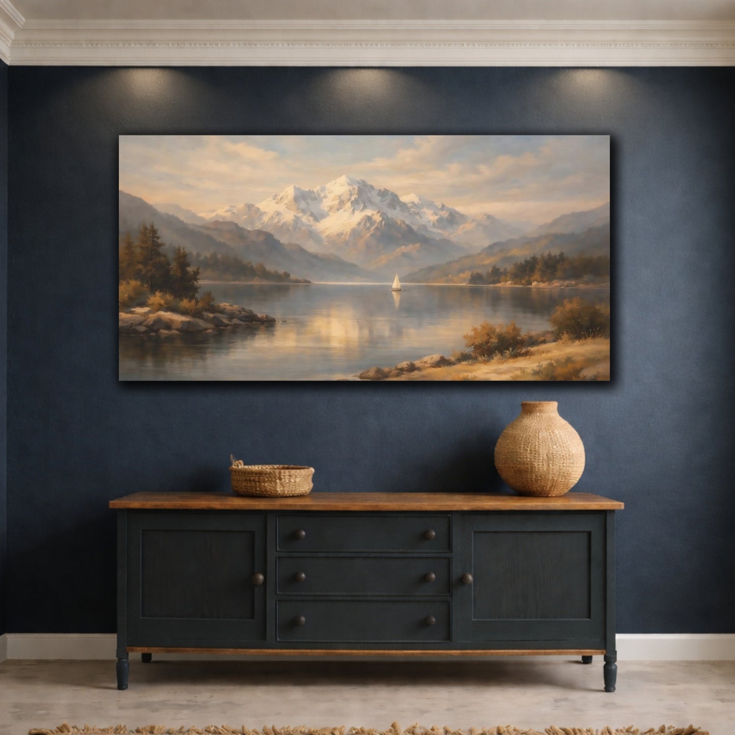 Mockup 4. Nature Mountain Lake Warm Mountain Lake shown as stretched canvas wall art