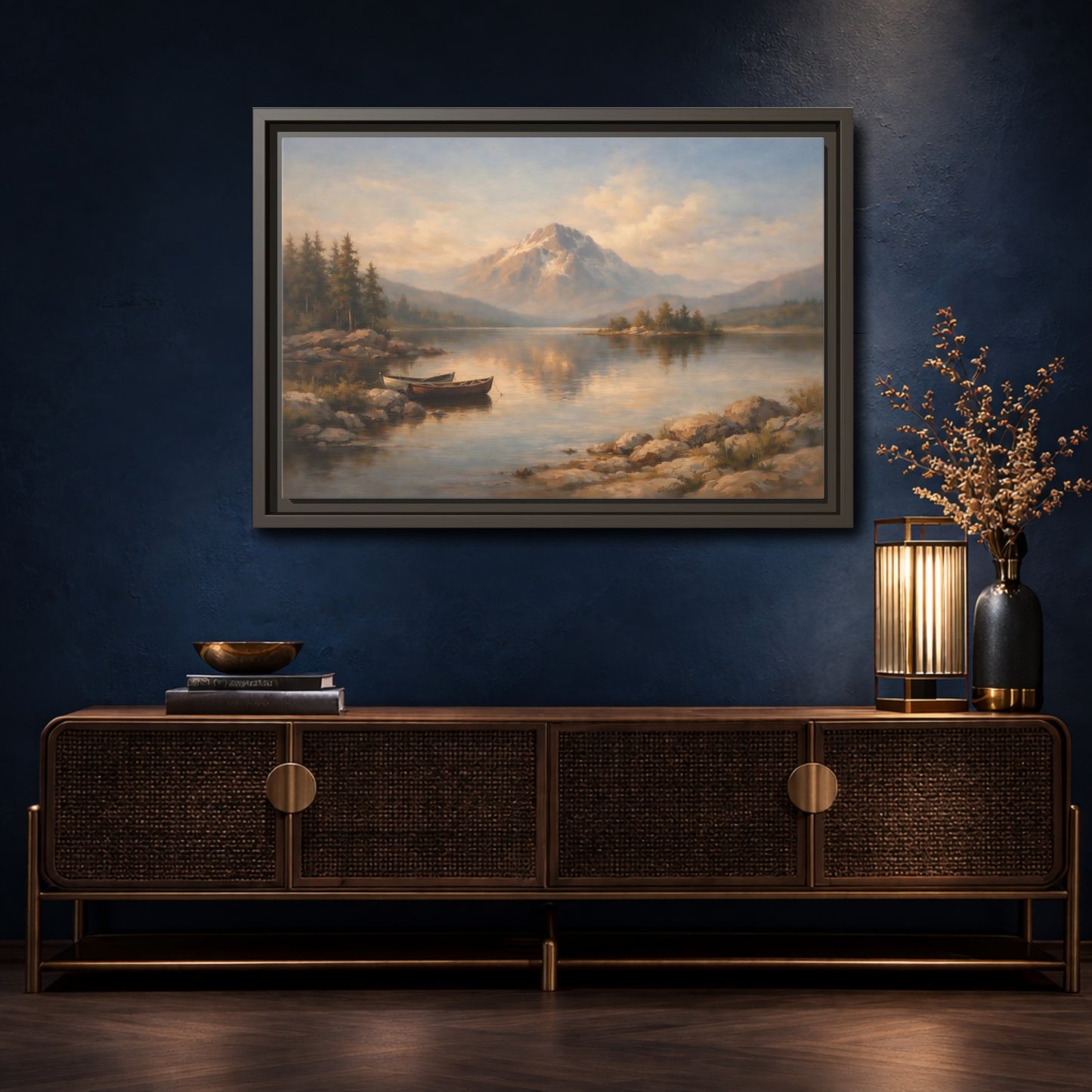 Mockup 4. Nature Mountain Lake Warm Mountain Lake shown as stretched canvas wall art