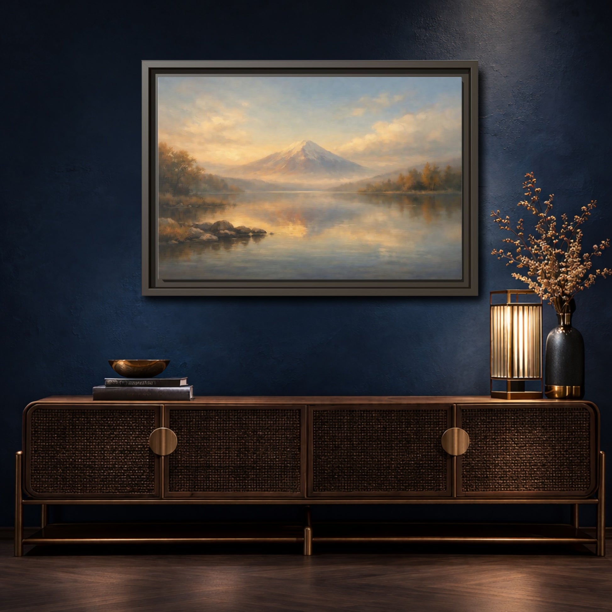 Mockup 4. Nature Mountain Lake Warm Mountain Lake shown as stretched canvas wall art