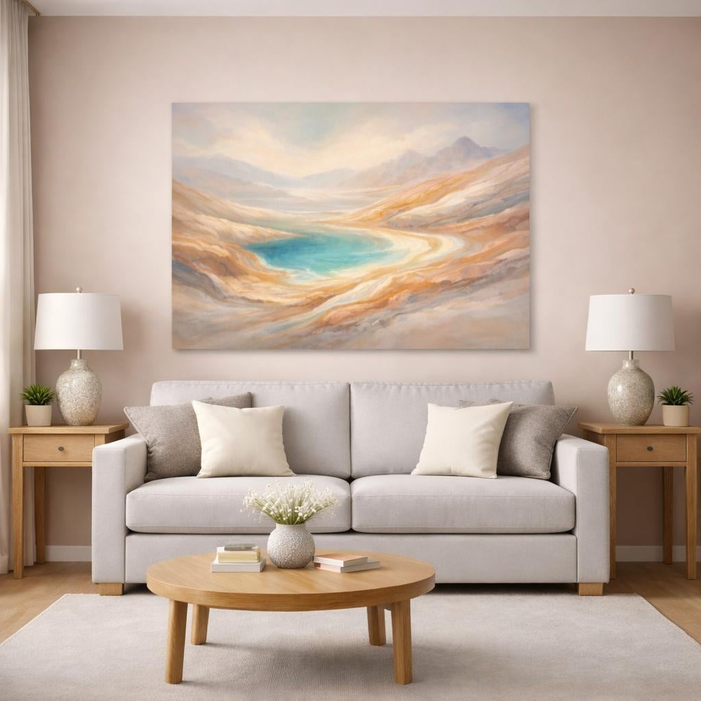 Nature Mountain Lake Warm Turquoise Landscape shown as canvas wall art in a modern living room