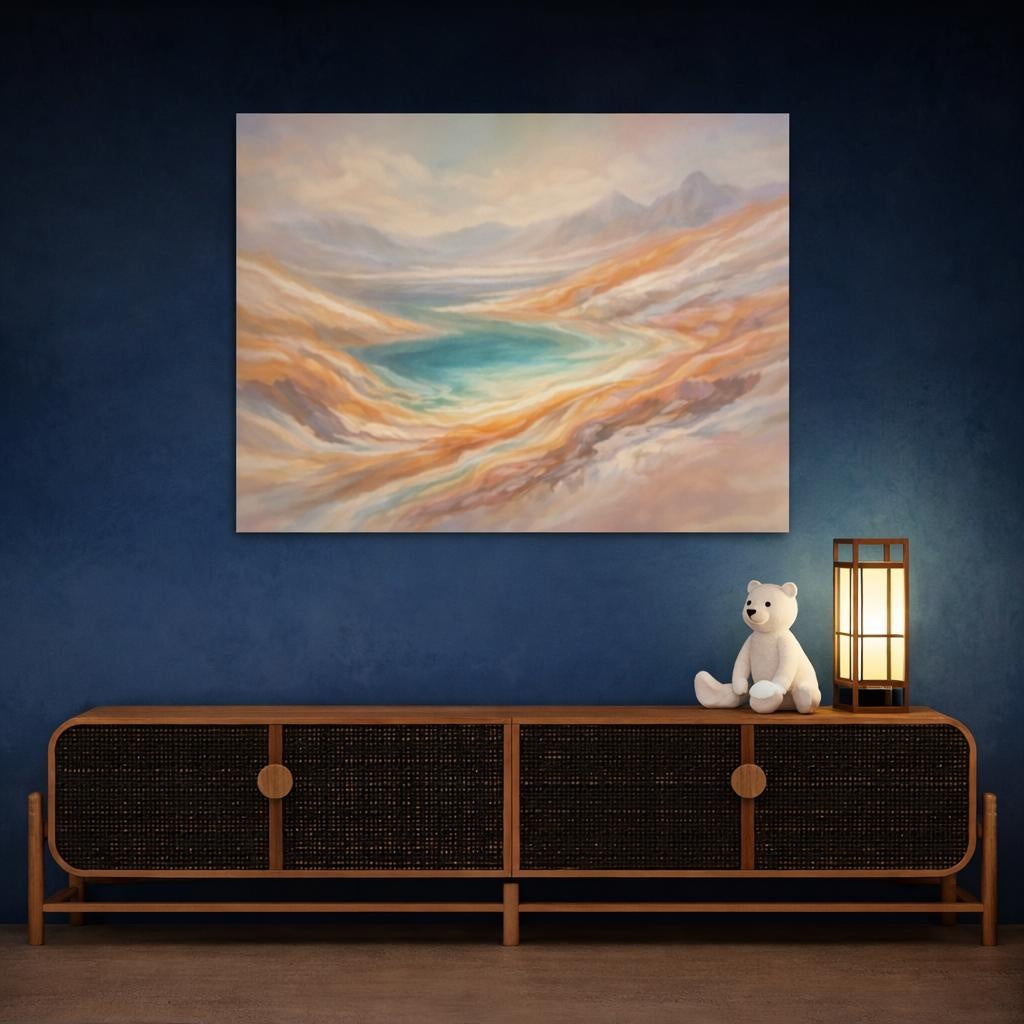 Nature Mountain Lake Warm Turquoise Landscape shown as canvas wall art in a sophisticated contemporary living space