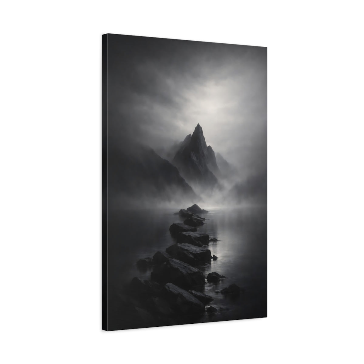 Side Mockup 2. Nature Mountain Landscape Black And White shown as stretched canvas wall art