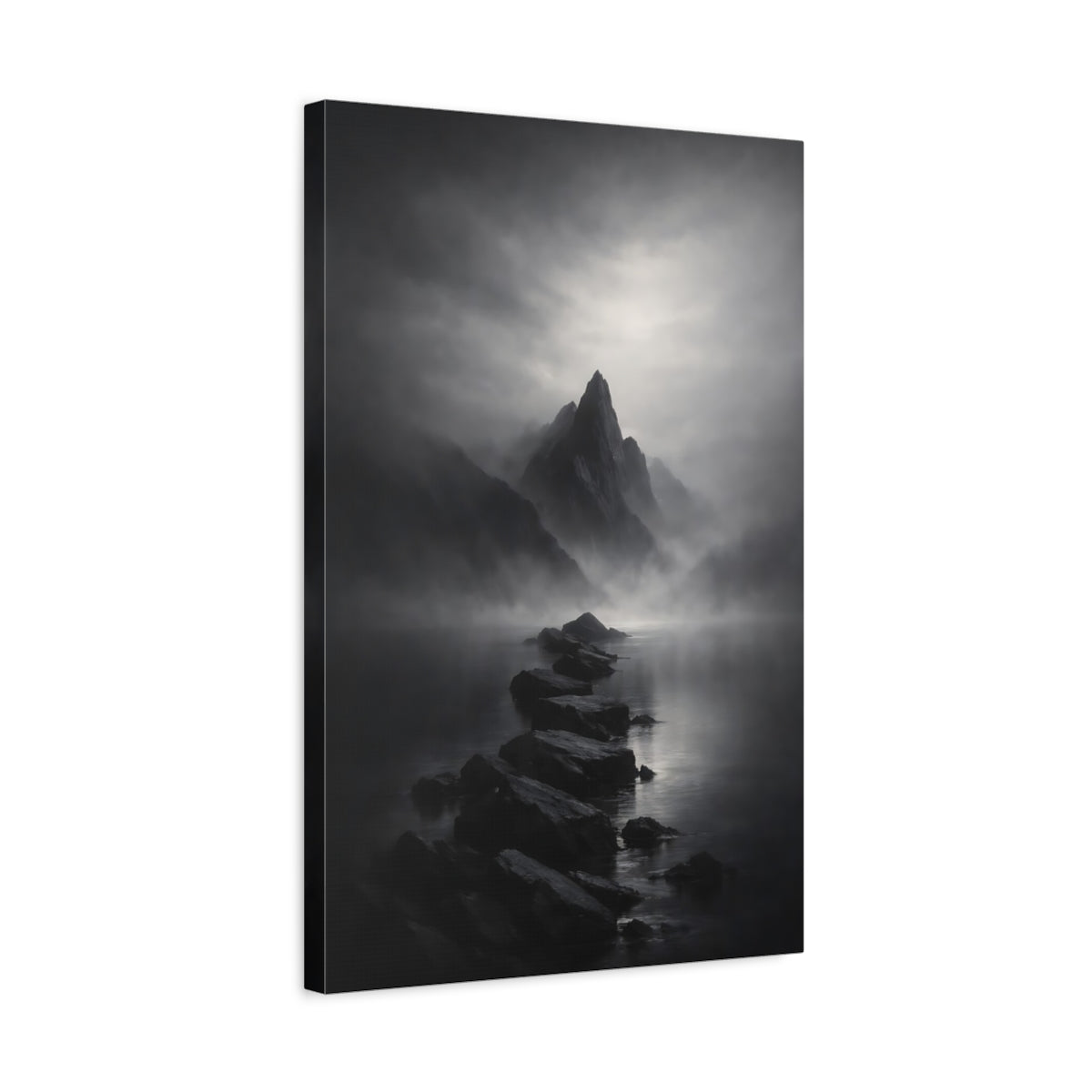 Side Mockup 3. Nature Mountain Landscape Black And White shown as stretched canvas wall art