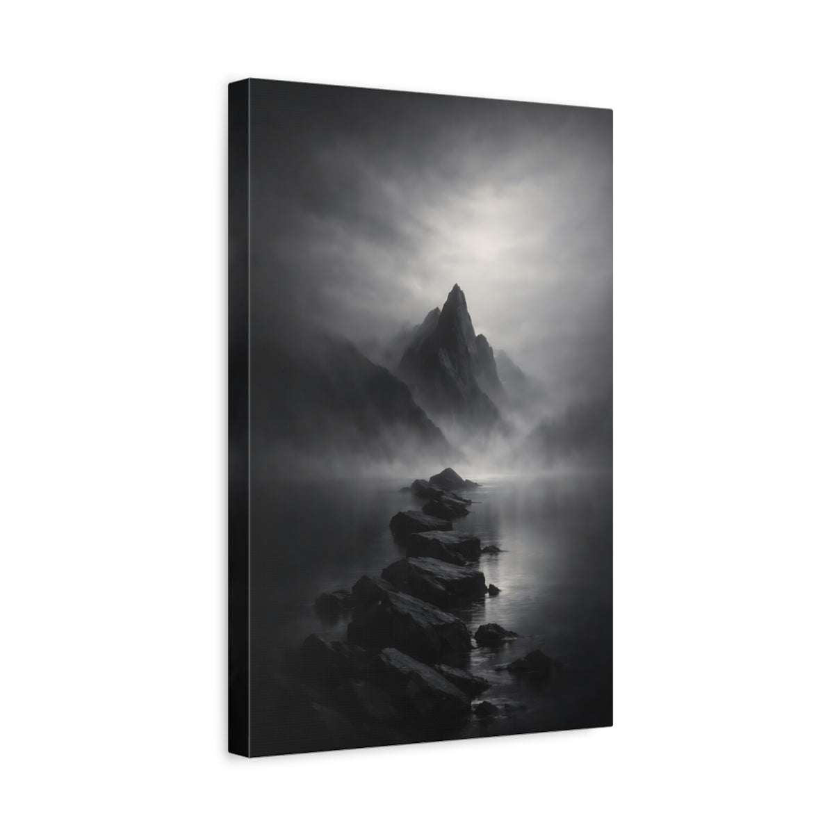 Side Mockup 4. Nature Mountain Landscape Black And White shown as stretched canvas wall art