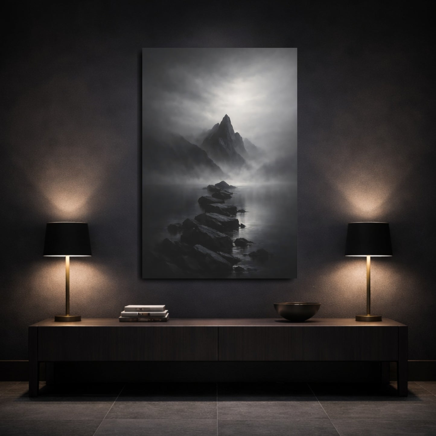 Mockup 2. Nature Mountain Landscape Black And White shown as stretched canvas wall art