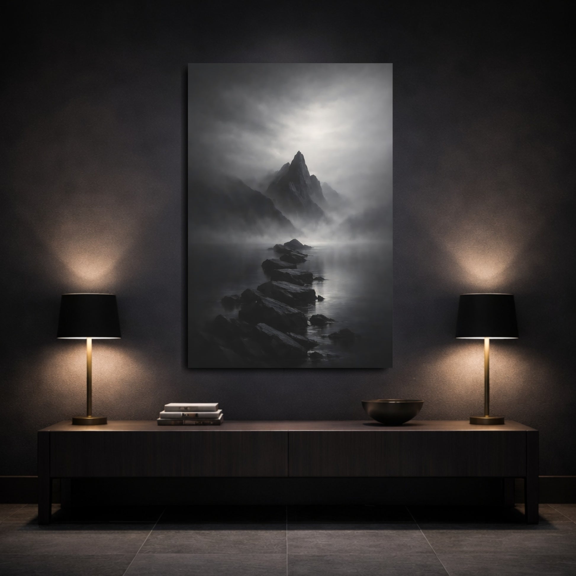 Mockup 2. Nature Mountain Landscape Black And White shown as stretched canvas wall art