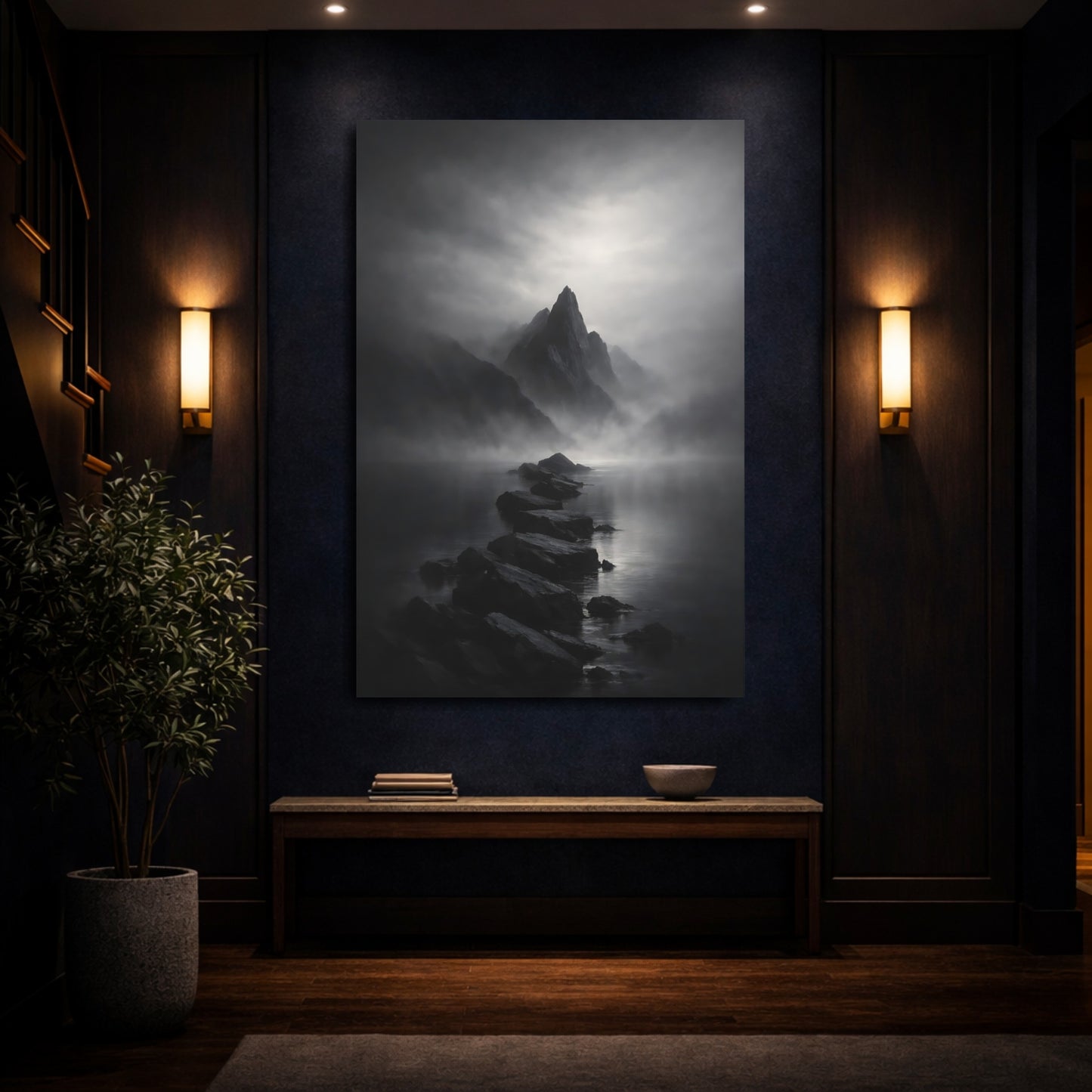 Mockup 3. Nature Mountain Landscape Black And White shown as stretched canvas wall art