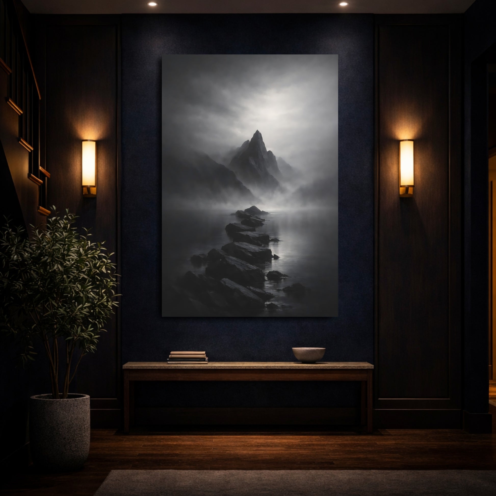 Mockup 3. Nature Mountain Landscape Black And White shown as stretched canvas wall art