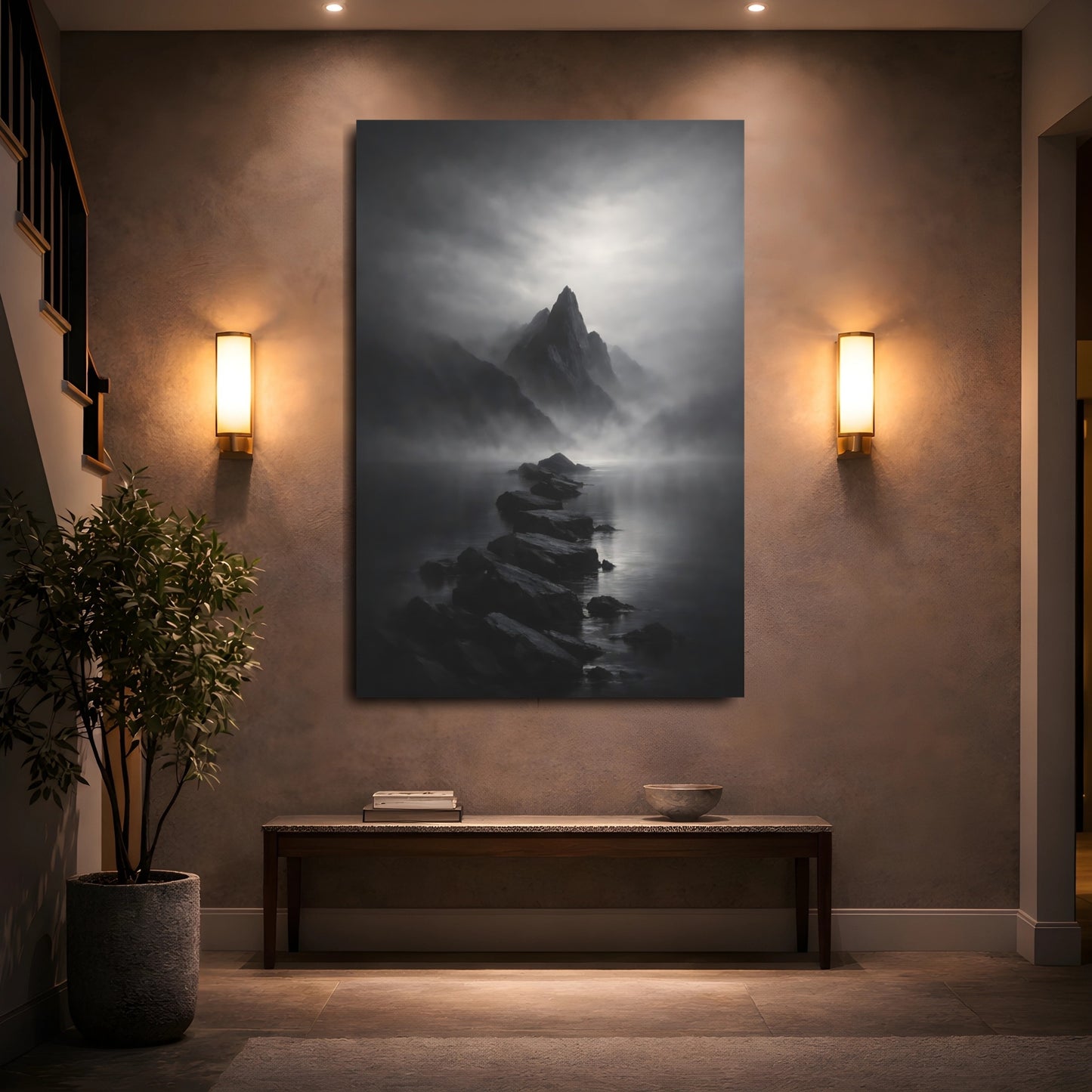 Mockup 4. Nature Mountain Landscape Black And White shown as stretched canvas wall art