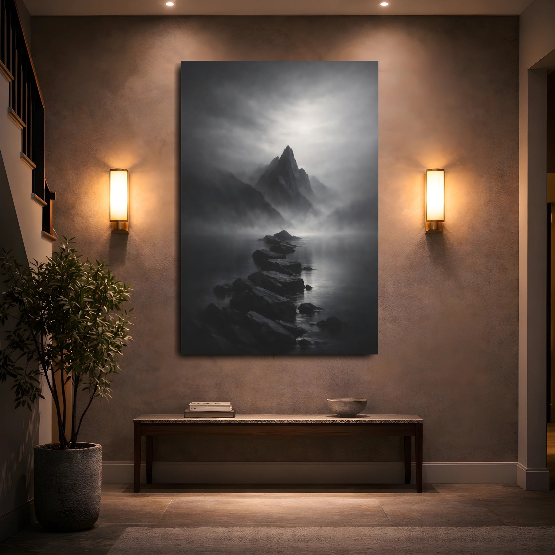 Mockup 4. Nature Mountain Landscape Black And White shown as stretched canvas wall art